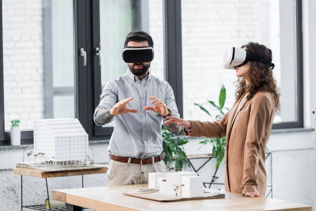 virtual reality architects in virtual reality headsets gesturing and looking at model of house