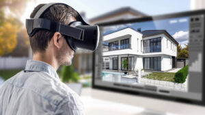 Mann nutzt VR-Brille für eine virtuelle Besichtigung eines modernen Hauses mit Pool