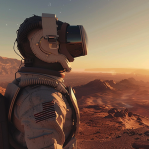Virtual Reality –Astronaut in einem Raumanzug betrachtet in VR die simulierte Marslandschaft bei Sonnenuntergang während der NASA-Mission 'Mars Dune Alpha.