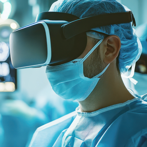 Chirurg im Operationssaal trägt VR-Headset und OP-Kleidung, nutzt Augmented Reality in der Chirurgie.